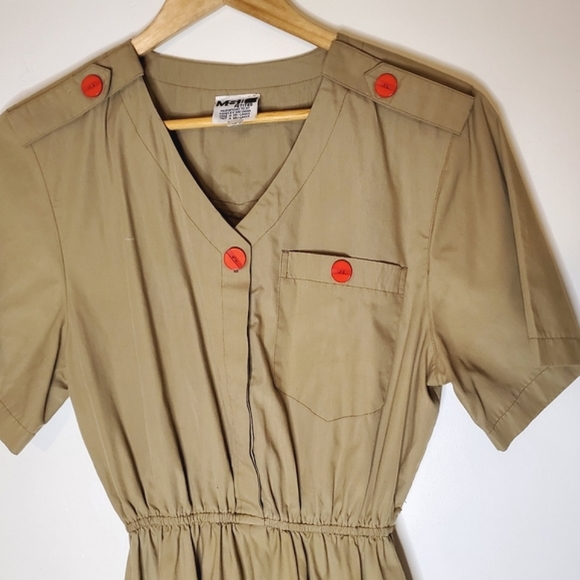Revolution Muse Army-Influenced Dress with Pocket, Gathered Waist & Red Buttons - Picture 9 of 16
